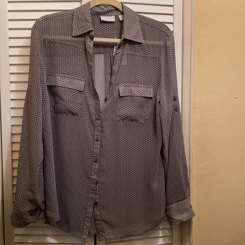 NYCO Women’s Sheer Grey & White polka dot blouse